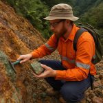 Geologist sampling mineralized rocks at Kisa Project in Papua New Guinea