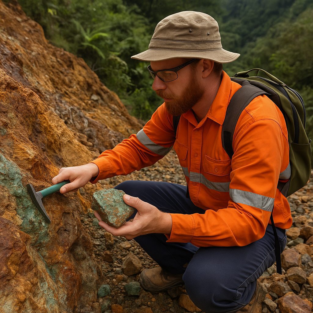 Geologist sampling mineralized rocks at Kisa Project in Papua New Guinea
