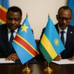 Rwandan diplomat at peace talks with DRC, national flags in background