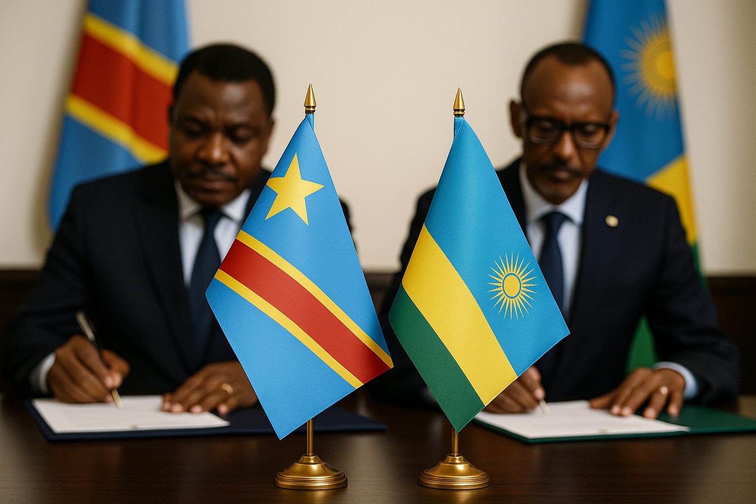 Rwandan diplomat at peace talks with DRC, national flags in background