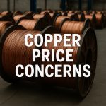 Copper wire spools at industrial warehouse, illustrating copper price concerns