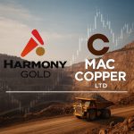 Harmony Gold and Mac Copper logos with mining backdrop symbolizing $1B acquisition