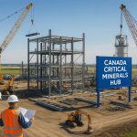 Aerial view of the Alberta lithium hub construction site, with cranes and workers preparing the future critical minerals processing facility.