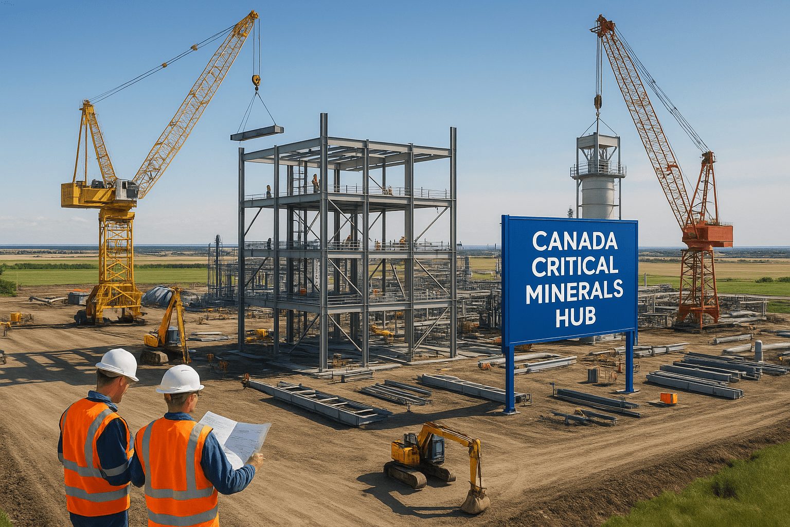 Aerial view of the Alberta lithium hub construction site, with cranes and workers preparing the future critical minerals processing facility.