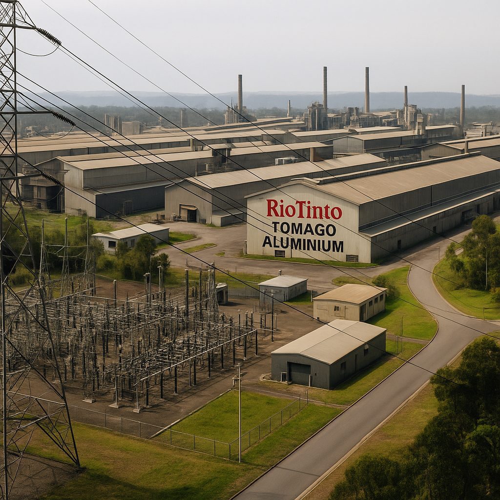 Aerial view of Rio Tinto’s Tomago aluminium smelter in New South Wales with power lines