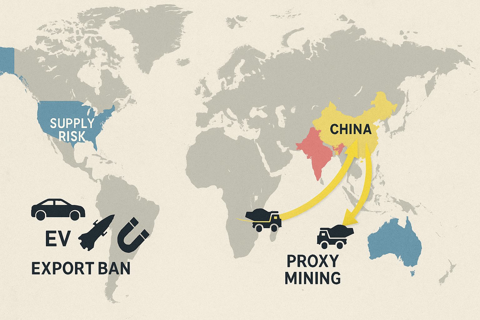 Map showing rare earth supply chain disruptions from India, China, and Myanmar to the U.S.