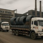 China steel exports to Russia- Trucks carrying Chinese steel arrive at a Russian industrial warehouse amid declining domestic production and trade sanctions.