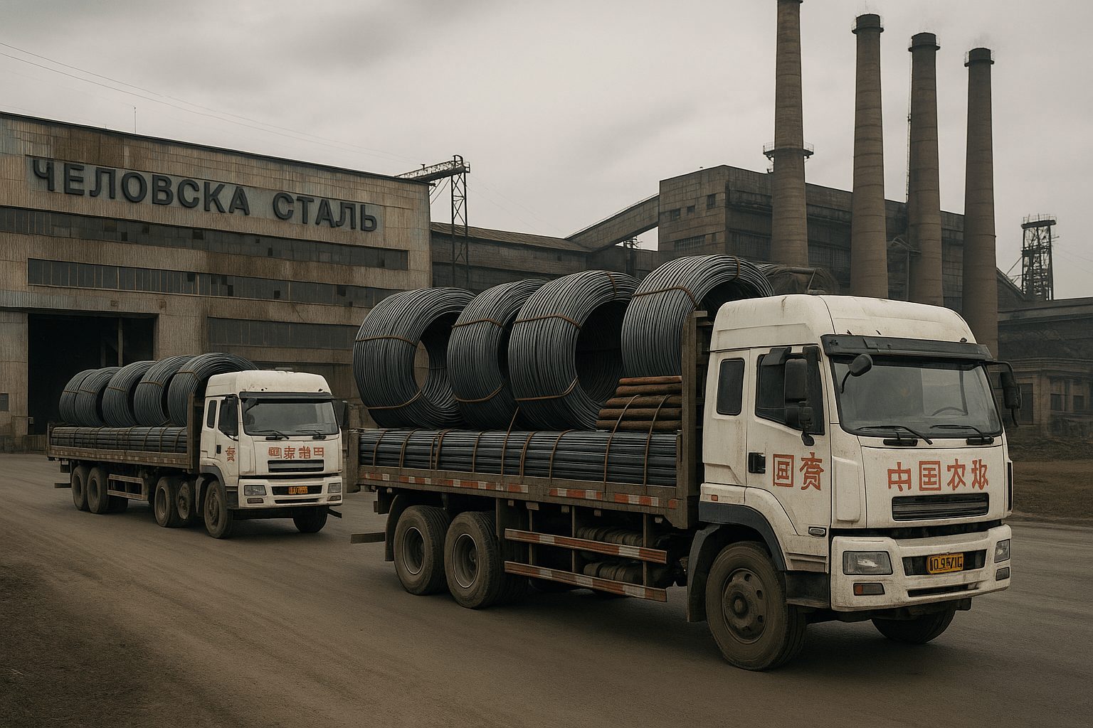 China steel exports to Russia- Trucks carrying Chinese steel arrive at a Russian industrial warehouse amid declining domestic production and trade sanctions.