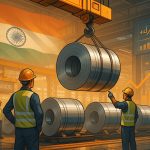 India Steel Sector Outlook 2025 - Steel plant in India with workers and rising profit charts illustrating strong domestic demand and robust earnings growth.