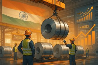 India Steel Sector Outlook 2025 - Steel plant in India with workers and rising profit charts illustrating strong domestic demand and robust earnings growth.