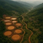 Rare earth mining Myanmar site seen from satellite with chemical waste pools.