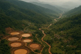 Rare earth mining Myanmar site seen from satellite with chemical waste pools.