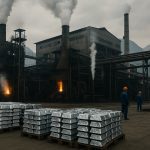 China Silicon metal production facility in China with furnaces, workers, and stacks of silicon ingots