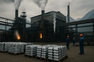 China Silicon metal production facility in China with furnaces, workers, and stacks of silicon ingots