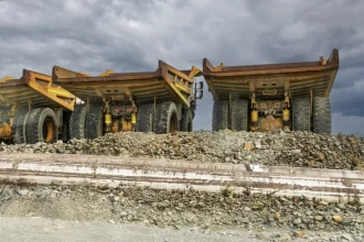 Idle mining trucks at Cobre Panamá site