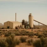 A wide editorial-style photograph of White Mesa Mill, an industrial rare earth processing plant in the Utah desert, with storage tanks and low buildings against a backdrop of mesas.