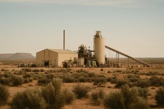 A wide editorial-style photograph of White Mesa Mill, an industrial rare earth processing plant in the Utah desert, with storage tanks and low buildings against a backdrop of mesas.