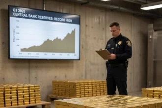Central bank gold reserves stacked in vaults as global monetary diversification accelerates in 2026