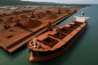 A bulk carrier loading high-grade Simandou iron ore at Guinea’s Morebaya port during the project’s first export shipments.