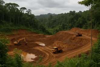 Mining site in an Indonesian forest with heavy machinery, illustrating the environmental issues addressed by the Indonesia forest mining regulation.