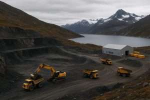 Greenland mining permit site at the Amitsoq graphite project showing open-pit operations and Arctic terrain, highlighting EU-backed critical mineral development