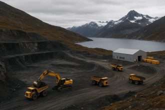 Greenland mining permit site at the Amitsoq graphite project showing open-pit operations and Arctic terrain, highlighting EU-backed critical mineral development