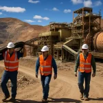 Workers at a large copper mine in Chile, showcasing active mining operations and infrastructure that reflect the rising Chile mining investment forecast.