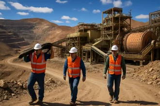 Workers at a large copper mine in Chile, showcasing active mining operations and infrastructure that reflect the rising Chile mining investment forecast.