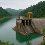 Hydroelectric dam surrounded by lush green hills showing water recovery after coal mining ban improved the Kopili reservoir’s ecosystem.