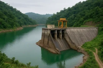 Hydroelectric dam surrounded by lush green hills showing water recovery after coal mining ban improved the Kopili reservoir’s ecosystem.