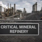 Critical mineral refinery facility with processing units and ore stockpiles supporting secure supply chains