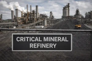 Critical mineral refinery facility with processing units and ore stockpiles supporting secure supply chains