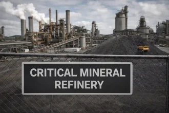 Critical mineral refinery facility with processing units and ore stockpiles supporting secure supply chains