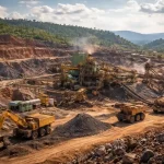 Open-pit cobalt mining operation in the Democratic Republic of Congo showing large haul trucks and processing facilities, highlighting the impact of the CMOC cobalt quota on global battery metals supply.