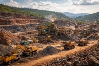 Open-pit cobalt mining operation in the Democratic Republic of Congo showing large haul trucks and processing facilities, highlighting the impact of the CMOC cobalt quota on global battery metals supply.
