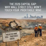 Mining investment funding challenges illustrated by complex mining operations contrasted with Wall Street capital markets