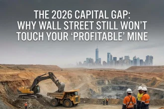 Mining investment funding challenges illustrated by complex mining operations contrasted with Wall Street capital markets