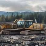 A heavy-duty hydraulic excavator at a high-altitude mining site in British Columbia.
