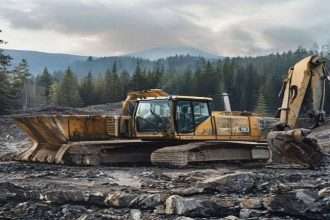 A heavy-duty hydraulic excavator at a high-altitude mining site in British Columbia.