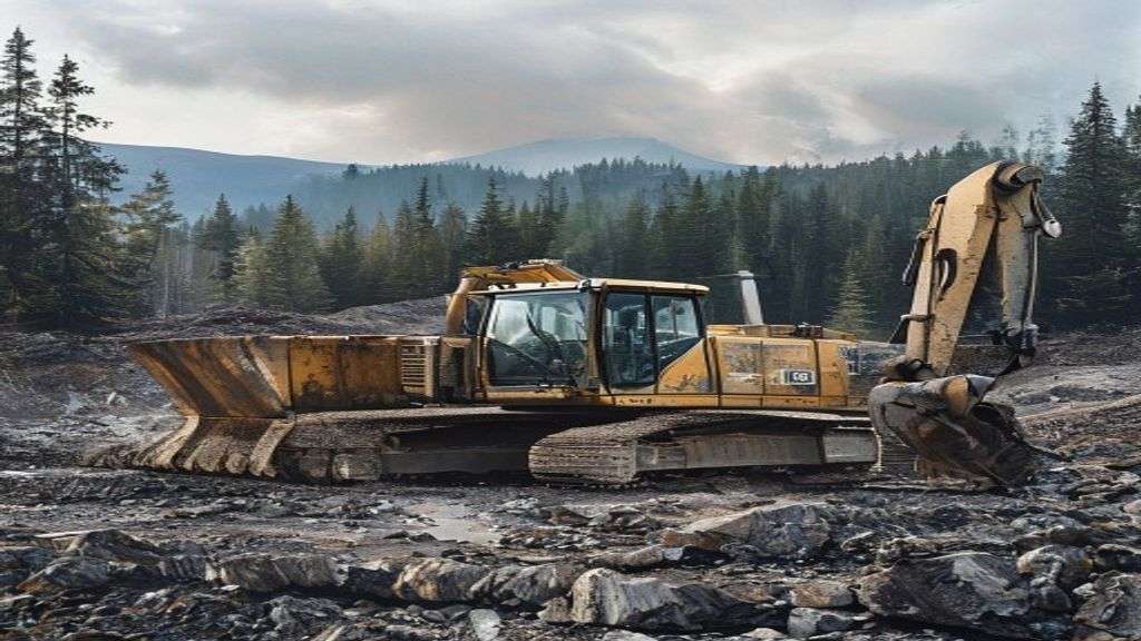 A heavy-duty hydraulic excavator at a high-altitude mining site in British Columbia.