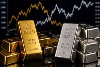 A high-resolution editorial photograph of stacked gold and silver bullion bars on a dark, reflective surface, symbolizing the current market volatility and investor sentiment in the precious metals sector.