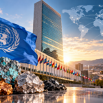 United Nations flag, mineral ores and global mining supply chains alongside renewable energy infrastructure.