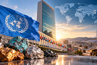 United Nations flag, mineral ores and global mining supply chains alongside renewable energy infrastructure.