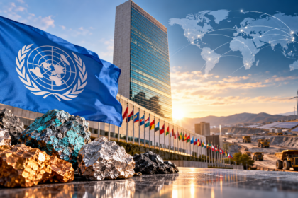 United Nations flag, mineral ores and global mining supply chains alongside renewable energy infrastructure.