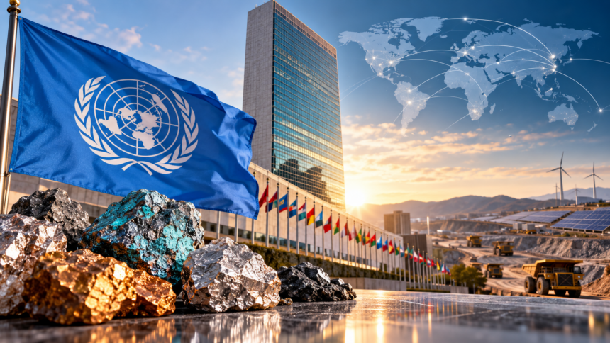 United Nations flag, mineral ores and global mining supply chains alongside renewable energy infrastructure.