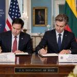 AI-generated illustration of US and Lithuania officials signing a critical minerals agreement