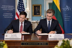 AI-generated illustration of US and Lithuania officials signing a critical minerals agreement