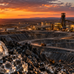 Diamond mine operations in South Africa at sunset, showing an open pit, haul trucks and processing infrastructure.