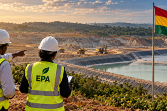 Gold mining operation in Ghana illustrating environmental regulation, tailings management and mining compliance.
