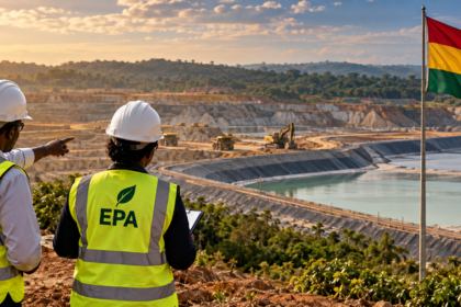 Gold mining operation in Ghana illustrating environmental regulation, tailings management and mining compliance.